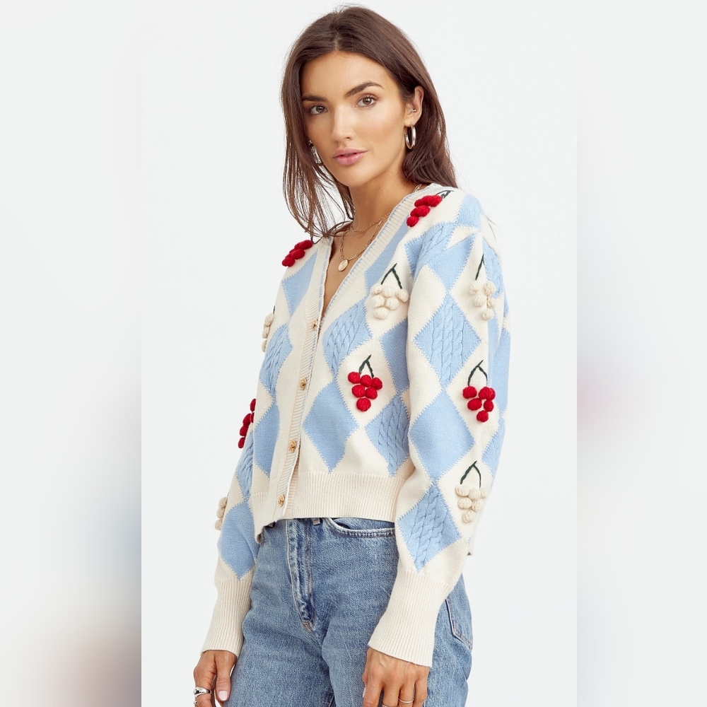 New Anthropologie Greylin Zena  Argyle Sweater with Cherry Accents L